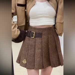 Brown Pleated Skirt with Belt